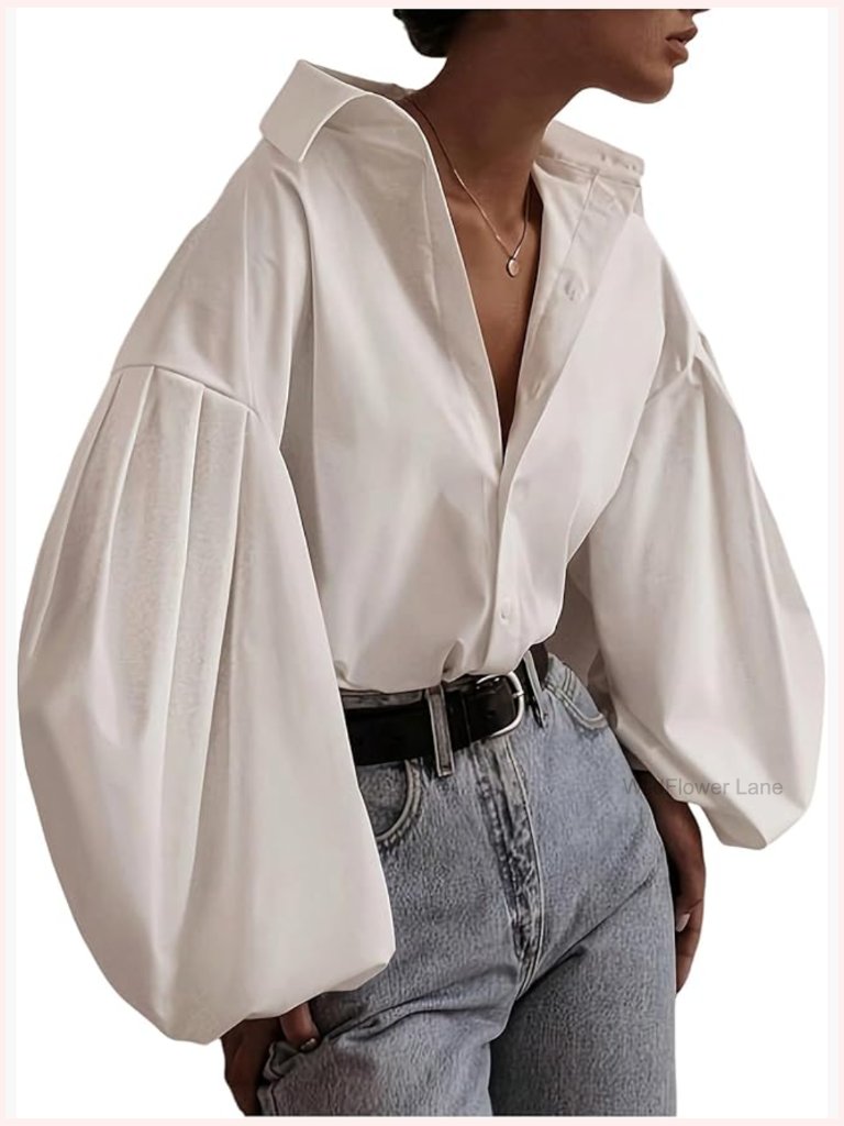Button Down Shirt Long Bishop Wide Sleeve Drop Shoulder Office Blouse